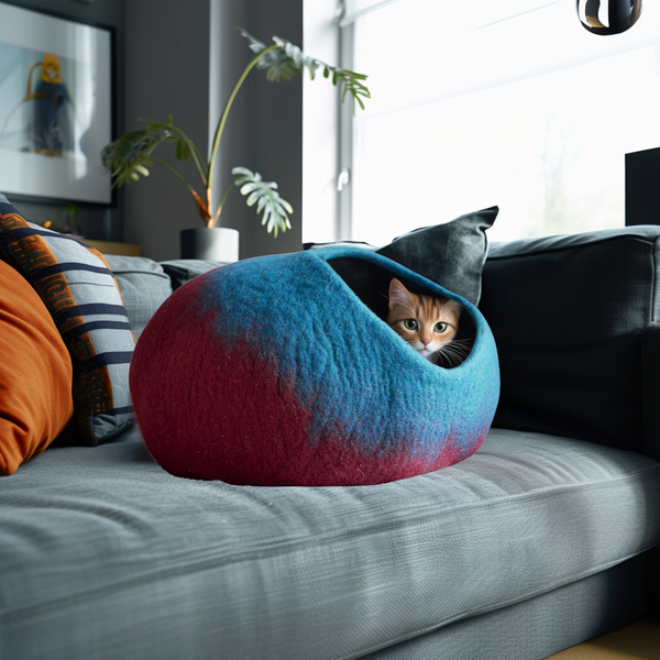 Handmade wool felted cat cave. Color: Red Birch/Light Blue Silk