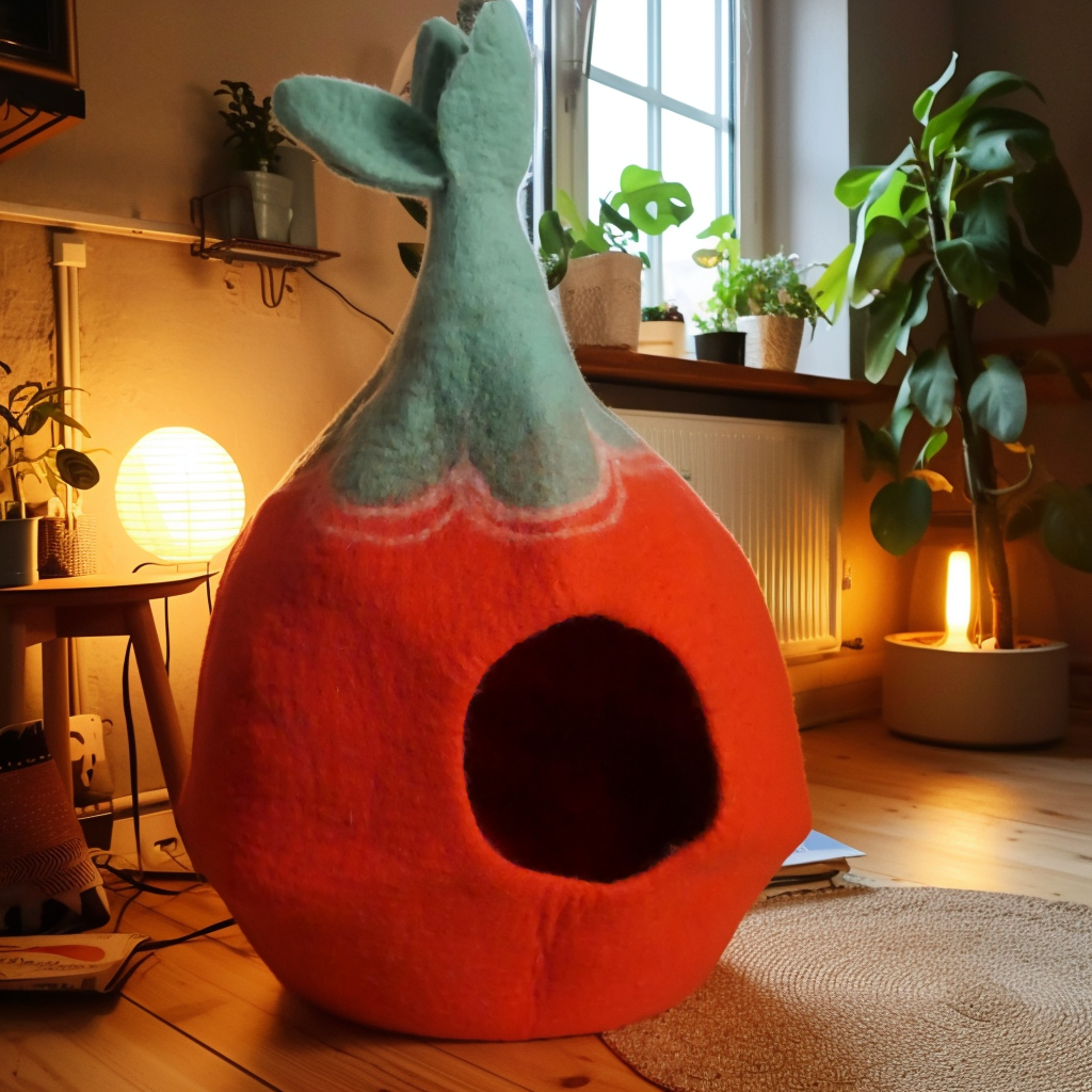 Handgefertigtes Katzenhaus aus Filz in Rot/Orange und Grün mit tropfenförmigem Design, breitem Eingang und dekorativen Mustern – idealer Rückzugsort für Katzen.