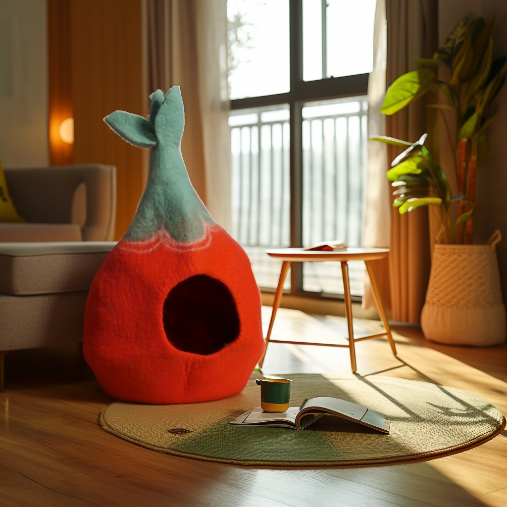 Handgefertigtes Katzenhaus aus Filz in Rot/Orange und Grün mit tropfenförmigem Design, breitem Eingang und dekorativen Mustern – idealer Rückzugsort für Katzen.