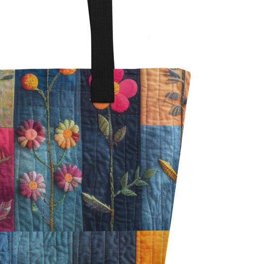 All-Over Print Large Tote Bag Patchwork vibrant colors Flowers