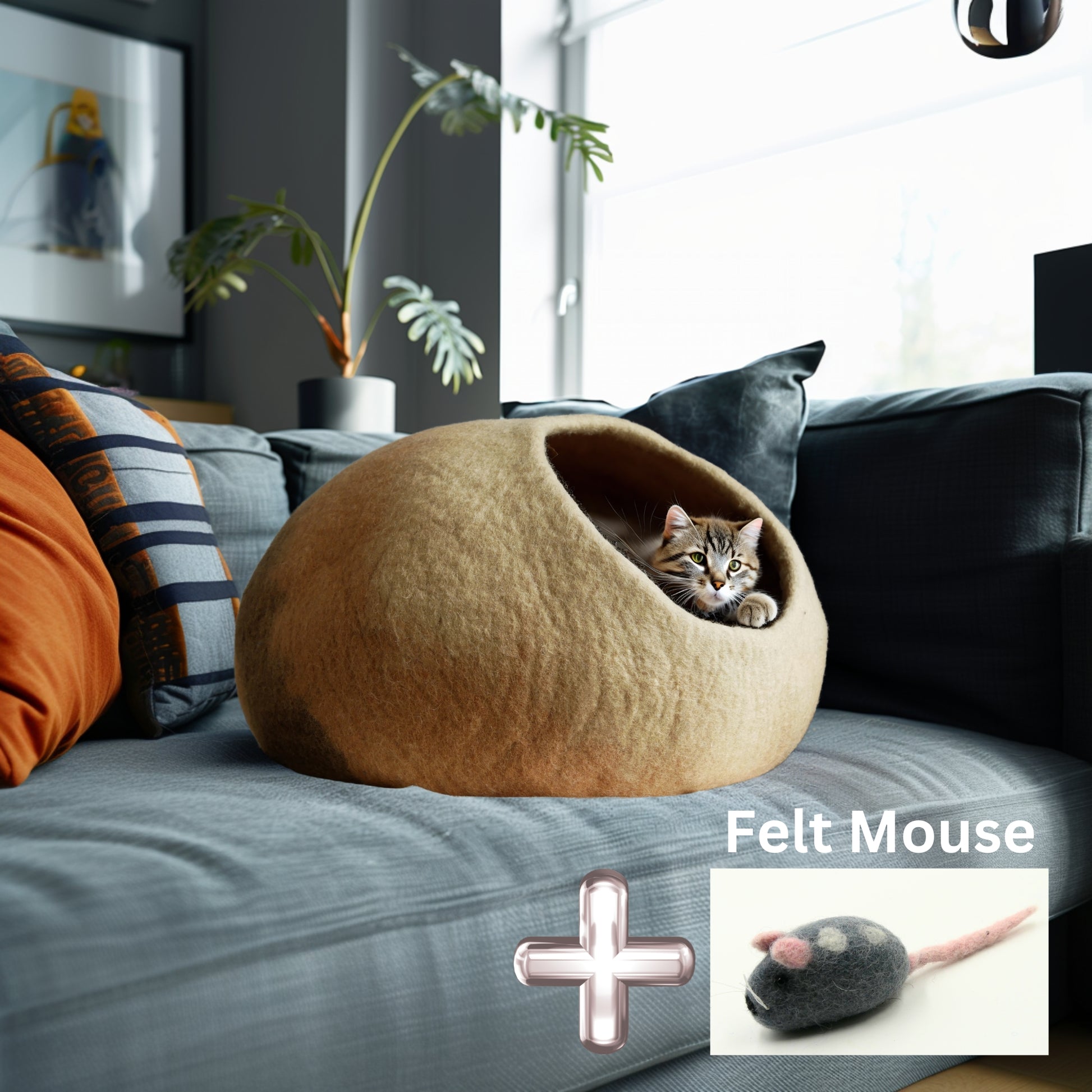 Handmade wool felted cat cave: color earth yellow-brown