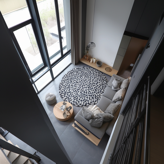 Grey-white, hand-sewn, round rug made of wool felt balls.