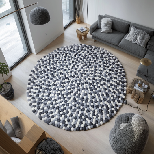 Grey-white, hand-sewn, round rug made of wool felt balls.
