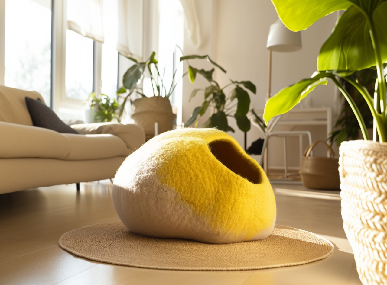 Handgemachte Wollgefilzte Katzenhöhle Farbe: Gelb-Beige