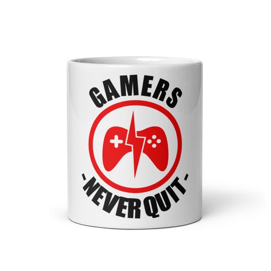 White glossy mug Gamers Never Quit - Canvazon