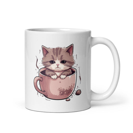 White glossy mug Coffee Cat - Canvazon